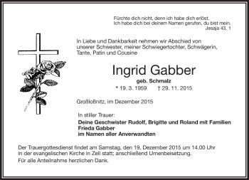 Traueranzeige von Ingrid Gabber von Frankenpost