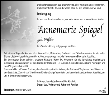 Traueranzeige von Annemarie Spiegel von Südthüringer Presse