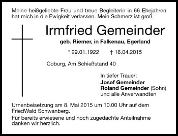 Traueranzeige von Irmfried Gemeinder von Neue Presse Coburg