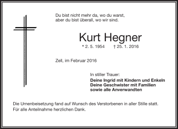 Traueranzeige von Kurt Hegner von Frankenpost