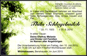 Traueranzeige von Thilo Schlegelmilch von Südthüringer Presse