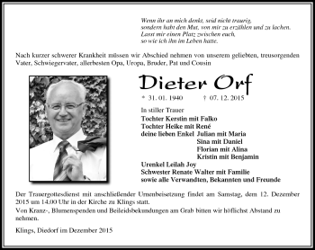 Traueranzeige von Dieter Orf von Südthüringer Presse
