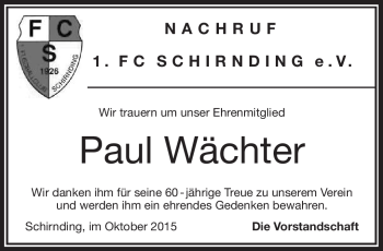 Traueranzeige von Paul Wächter von Frankenpost