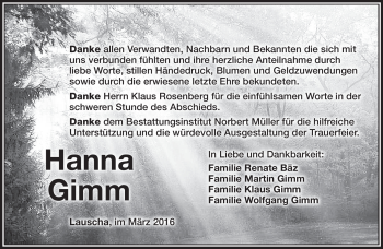 Traueranzeige von Hanna Gimm von Südthüringer Presse