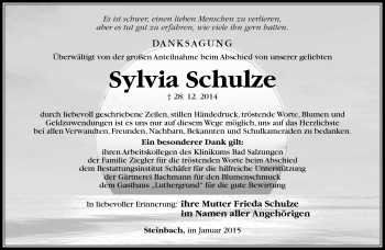 Traueranzeige von Sylvia Schulze von Südthüringer Presse