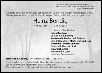 Traueranzeige von Heinz Bendig von Neue Presse Coburg
