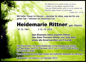 Traueranzeige von Heidemarie Ritter von Südthüringer Presse