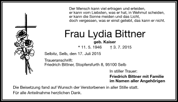 Traueranzeige von Lydia Bittner von Frankenpost