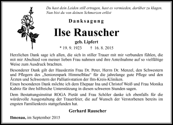 Traueranzeige von Ilse Rauscher von Südthüringer Presse