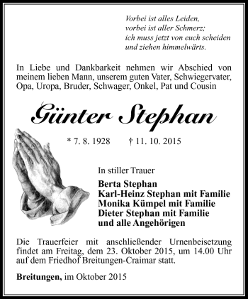 Traueranzeige von Günter Stephan von Südthüringer Presse