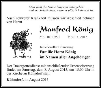 Traueranzeige von Manfred König von Südthüringer Presse