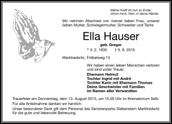 Traueranzeige von Ella Hauser von Frankenpost