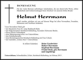 Traueranzeige von Helmut Herrmann von Südthüringer Presse