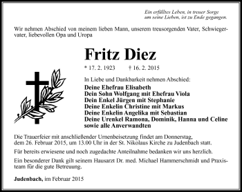 Traueranzeige von Fritz Diez von Südthüringer Presse