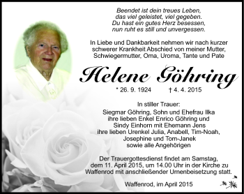 Traueranzeige von Helene Göhring von Südthüringer Presse