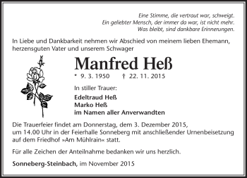 Traueranzeige von Manfred Heß von Südthüringer Presse