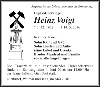 Traueranzeige von Heinz Voigt von Südthüringer Presse