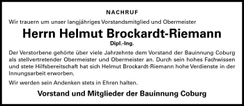 Traueranzeige von Helmut Brockardt-Riemann von Neue Presse Coburg