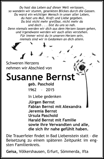Traueranzeige von Susanne Bernst von Südthüringer Presse
