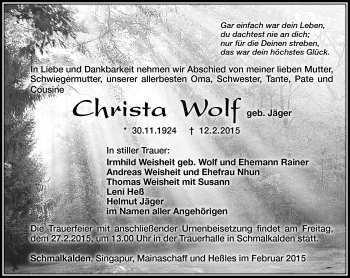 Traueranzeige von Christa Wolf von Südthüringer Presse