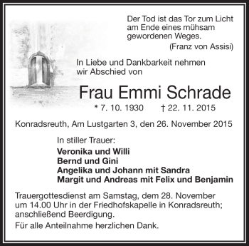 Traueranzeige von Emmi Schrade von Frankenpost