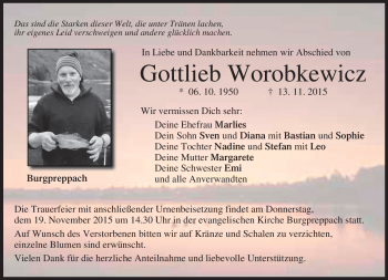 Traueranzeige von Gottlieb Worobkewicz von Neue Presse Coburg