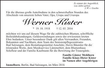 Traueranzeige von Werner Kister von Südthüringer Presse