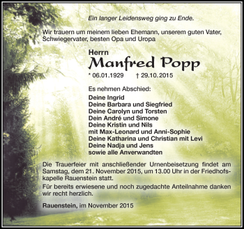 Traueranzeige von Manfred Popp von Südthüringer Presse