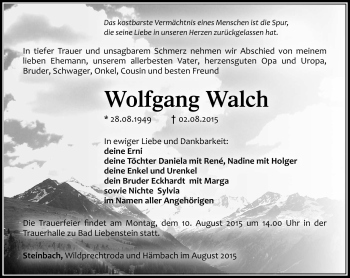 Traueranzeige von Wolfgang Walch von Südthüringer Presse
