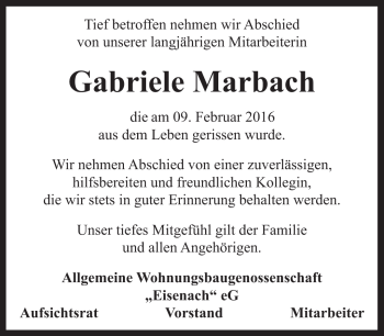 Traueranzeige von Gabriele Marbach von Südthüringer Presse