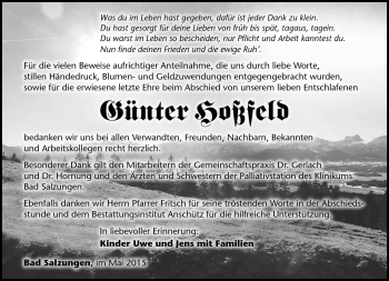 Traueranzeige von Günter Hoßfeld von Südthüringer Presse