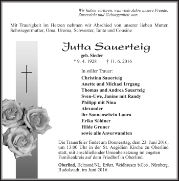 Traueranzeige von Jutta Sauerteig von Südthüringer Presse