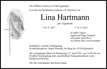 Traueranzeige von Lina Hartmann von Frankenpost