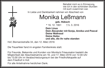 Traueranzeige von Monika Leßmann von Frankenpost