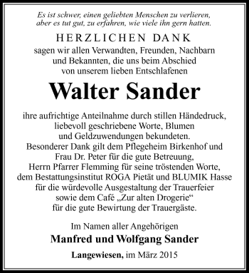 Traueranzeige von Walter Sander von Südthüringer Presse