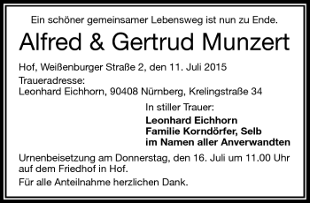 Traueranzeige von Alfred + Gertrud Munzert von Frankenpost