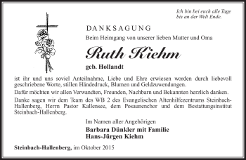 Traueranzeige von Ruth Kiehm von Südthüringer Presse