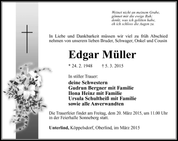 Traueranzeige von Edgar Müller von Südthüringer Presse
