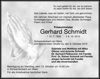 Traueranzeige von Gerhard Schmidt von Frankenpost