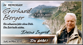 Traueranzeige von Gerhard Berger von Südthüringer Presse