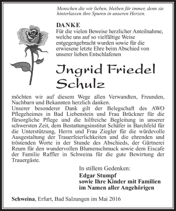 Traueranzeige von Ingrid Friedel Schulz von Südthüringer Presse