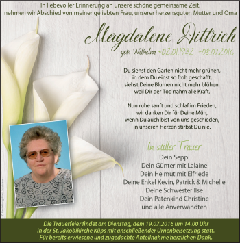 Traueranzeige von Magdalene Dittrich von Neue Presse Coburg