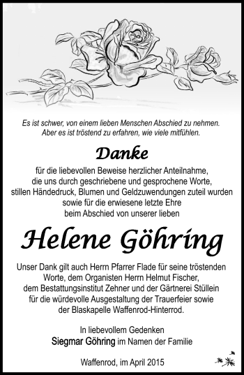 Traueranzeige von Helene Göhring von Südthüringer Presse