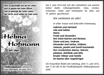 Traueranzeige von Helma Hofmann von Südthüringer Presse