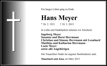 Traueranzeige von Hans Meyer von Südthüringer Presse