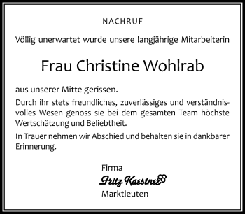 Traueranzeige von Christine Wohlrab von Frankenpost