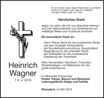 Traueranzeige von Heinrich Wagner von Neue Presse Coburg