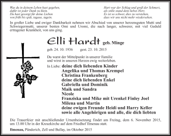 Traueranzeige von Elli Hardt von Südthüringer Presse