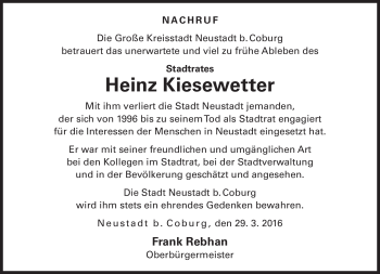 Traueranzeige von Heinz Kiesewetter von Neue Presse Coburg