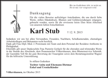 Traueranzeige von Karl Stub von Südthüringer Presse